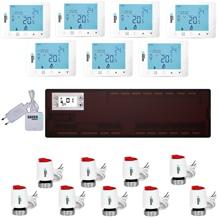 Prémium automatizálási csomag ZigBee Clima fűtéshez és hűtéshez az elosztóból 7 zónával hőszivattyúval, Daver