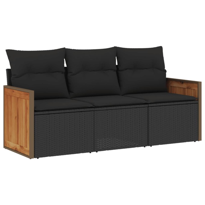 Set mobilier de gradina cu perne, vidaXL, 3 piese, negru, poliratan, 24.9 kg 3227434