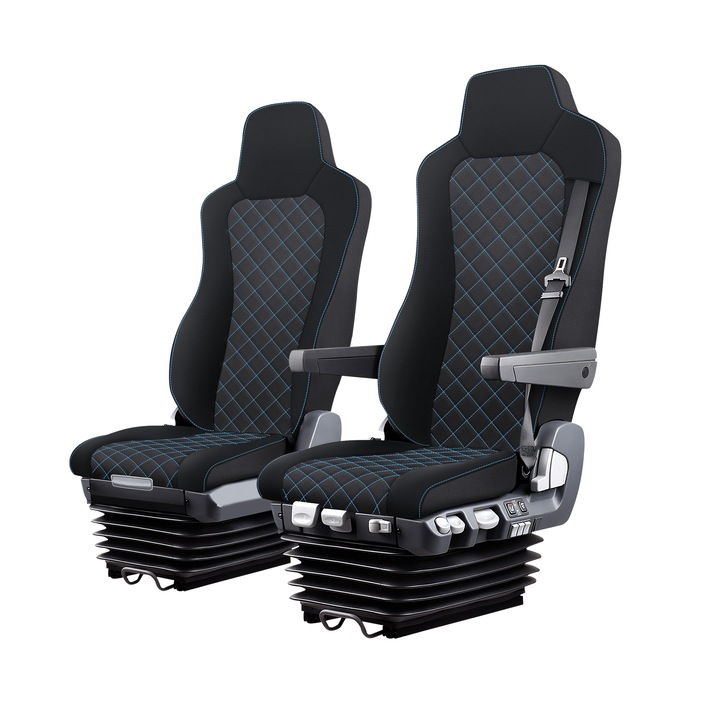 Set Husa Scaun Camion Avantgard, Lux Piele si Textil, Negru cu Cusaturi Albastre, pentru MAN TGX, TGA, Euro6, Euro5, 4 piese