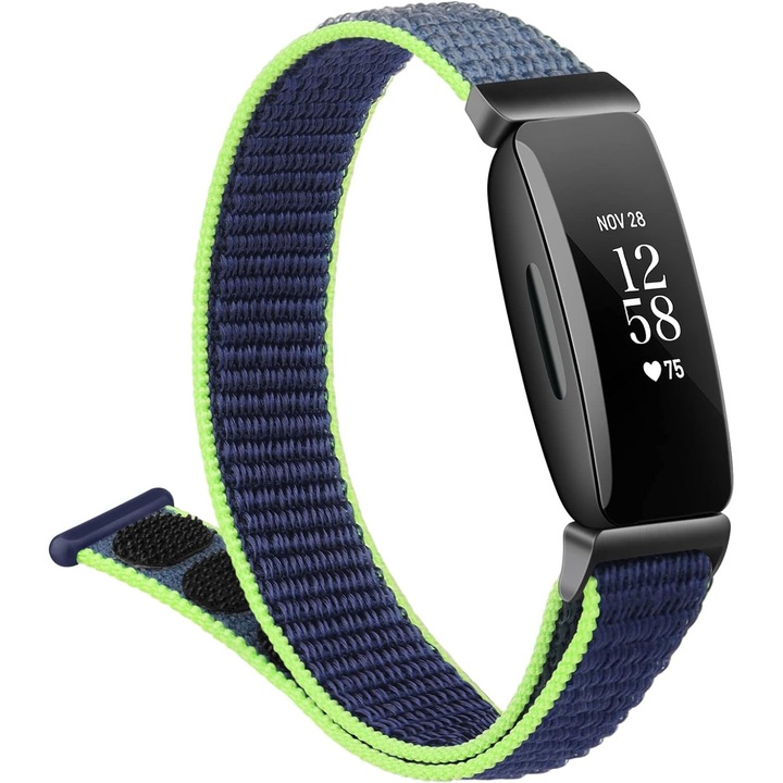 Curea pentru smartwatch compatibila cu Fitbit Inspire 2, Inspire HR, Inspire, stil sport, latime 20 mm, culoare albastru inchis si verde neon