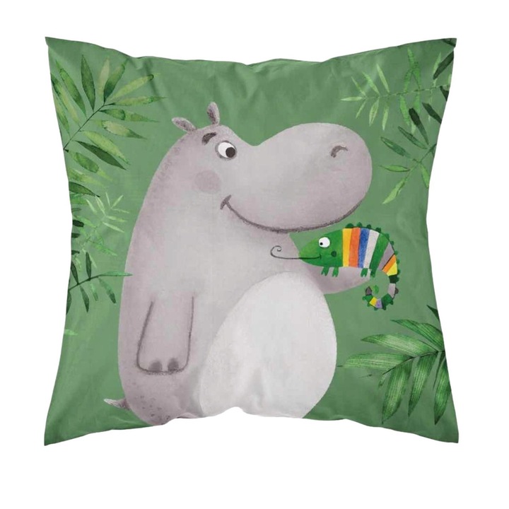 Детска калъфка за възглавница Jungle Hippo, Detexpol, Памук, 40 х 40 см, Многоцветна