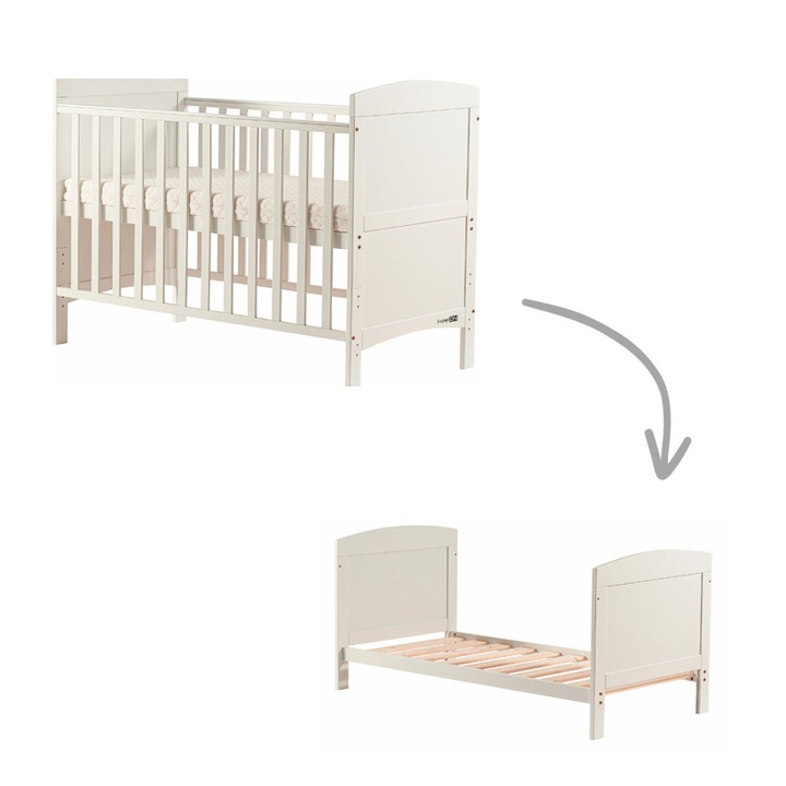 Бебешко дървено легло, FreeON, Lory, 120x60 см, Трансформируемо за бебета и юноши, Изработено от чамова дървесина и мдф, Със специална шина за никнене на зъбки, Бяло