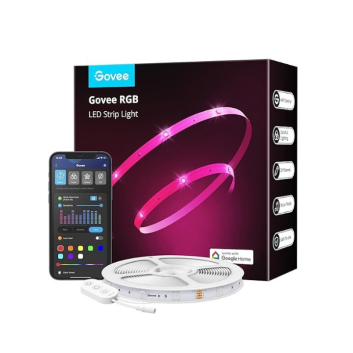 Govee H615B интелигентна RGB LED лента, Wi-Fi, Bluetooth, синхронизация на музика, цветна светлина, 10 м, съвместима с Google Assistant & Alexa