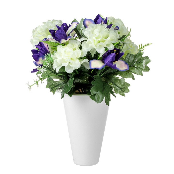 Buchet Shopiens® cu flori artificiale mov in ghiveci alb, 20x32 cm