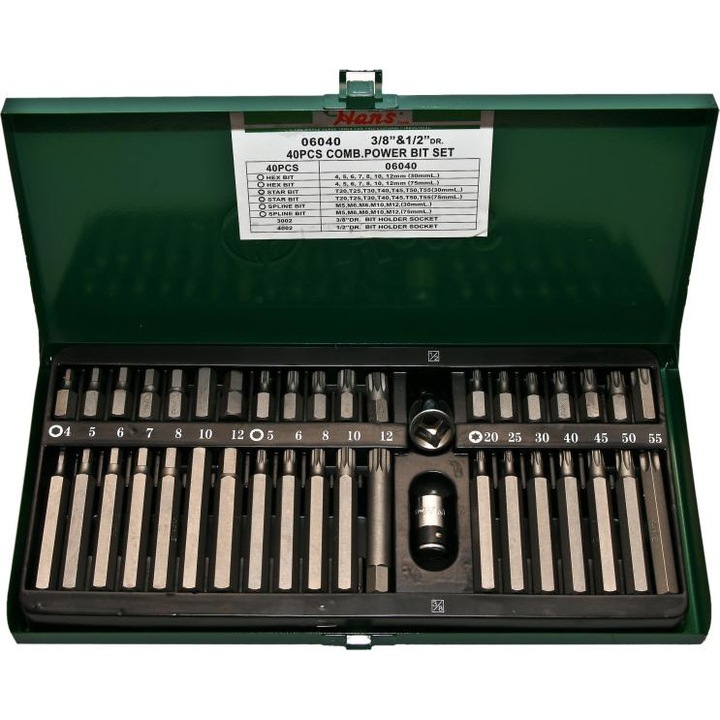 HEX / TORX / SPLINE / XZN bitkészlet, 1/2 hüvelyk, 3/8 hüvelyk