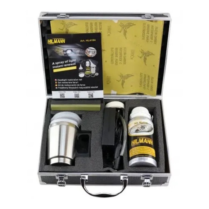 Kit restaurare pentru faruri cu cana aluminiu si solutie polimer 600ml, in cutie, alimentare duala 220v / 12v