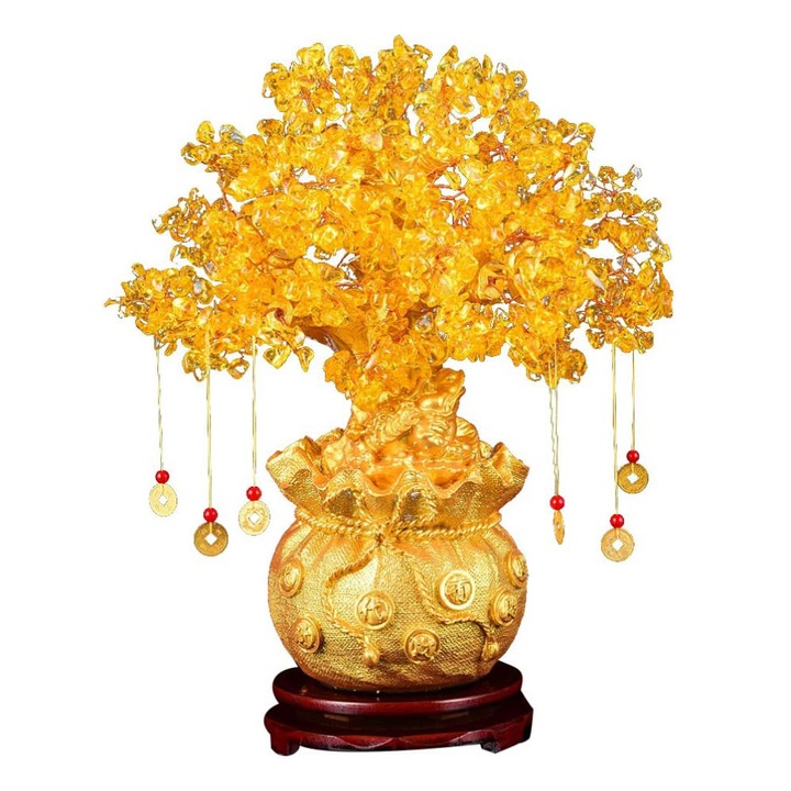 Bonsai cu cristale citrin, cu baza si 6 pandantiv de bani decorativ, supranumit "copacul banilor", Inaltimea copacului 28 cm, pentru prosperitate, energie pozitiva, succes, OUYLAF, Auriu