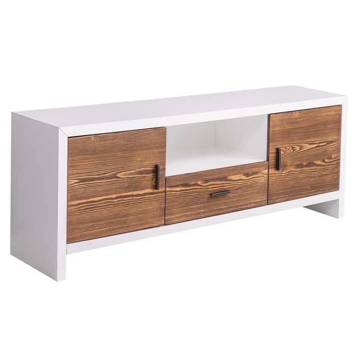 Comoda TV cu 2 usi si 1 sertar "Rustic Haven", culoare corp alb P004, culoare usi si sertare maro P064, dublu color