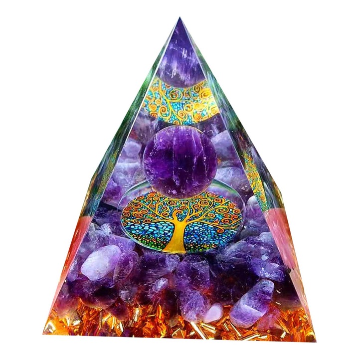 Piramida Orgonica cu cristale vindecatoare de Ametist, copacul vietii si frunze aur, pentru energie pozitiva, reducerea stresulu si promoveaza bogatia, OUYLAF, Multicolor