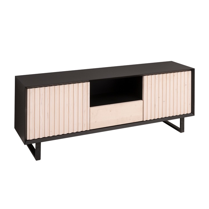 Comoda TV cu 2 usi si 1 sertar "Slatted", culoare corp negru P003, culoare usi si sertar natural P095, dublu color