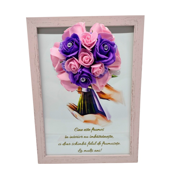 Tablou in rama A4 (30x21 cm) - Cine este frumos in interior nu imbatraneste, ci doar schimba felul de frumusete - v5 decorat cu flori de sapun mov - roz