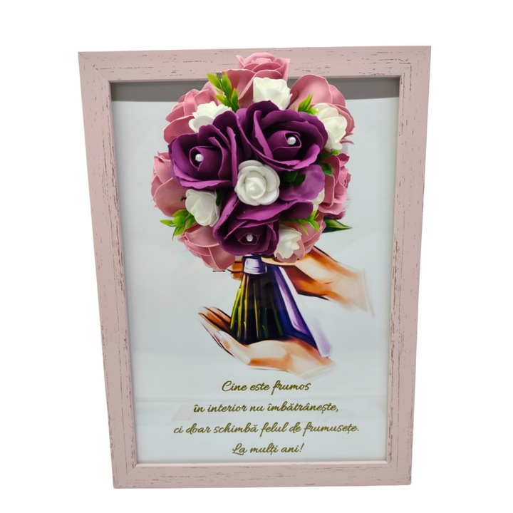Tablou in rama A4 (30x21 cm) - Cine este frumos in interior nu imbatraneste, ci doar schimba felul de frumusete - v5 decorat cu flori de sapun visiniu - roz pal