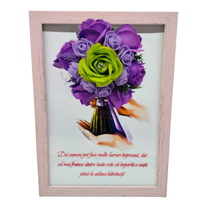 Tablou in rama A4 (30x21 cm) - Doi oameni pot face multe lucruri impreuna, dar cel mai frumos dintre toate... - v5 decorat cu flori de sapun mov - verde