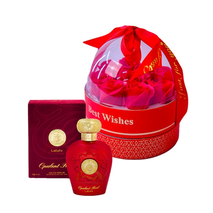 Подаръчен комплект Joy Together, парфюмна вода Lattafa Opulent Red 100 ml + кутия със сапунени рози в купола и верижка с висулка