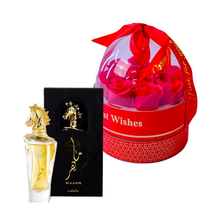 Подаръчен комплект Joy Together, парфюмна вода Lattafa Maahir 100 ml + кутия със сапунени рози в купола и верижка с висулка