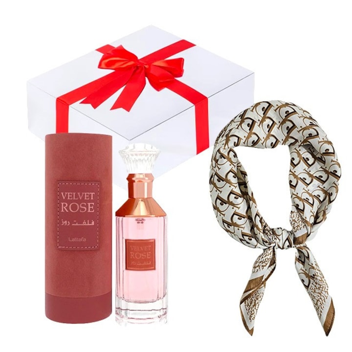 Комплект Essence&Shawl Lattafa Velvet Rose Eau de Parfum 100 ml + сатенен шал + подаръчна кутия с панделка