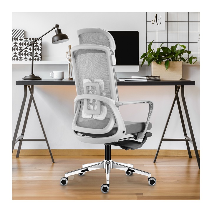 Scaun de birou ergonomic Mark Adler Manager 3.6, inaltime reglabila, cu suport pentru picioare, mesh, brate reglabila, Gri