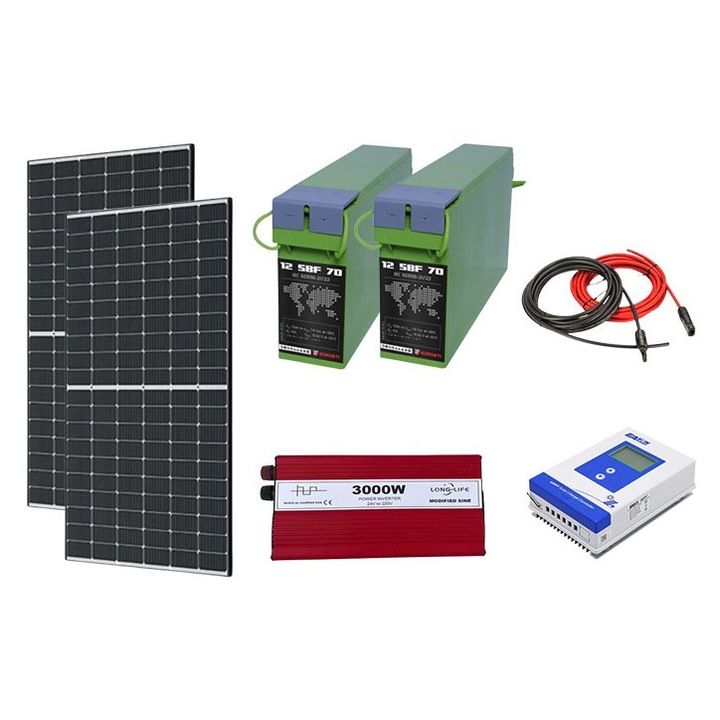 Kit solar fotovoltaic off grid 910W, Solid Volt, invertor 3000W 24V, 2 panouri solare 455W, regulator/ controller 40A, baterie solara 70Ah AGM si 20 m cablu solar cabana, rulota, casa, autorulota, container, iluminat