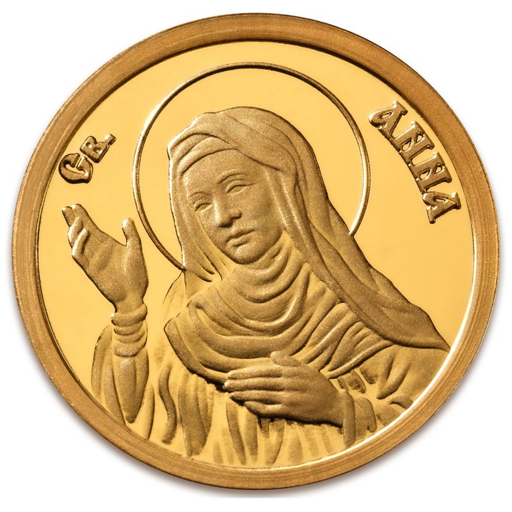 Medalie din aur Sfanta Ana by Macoins Gold, Greutate 8, 55 g, 0, 27 oz, Diametru 30 mm, Metal: Au 999/1000, 24 carats