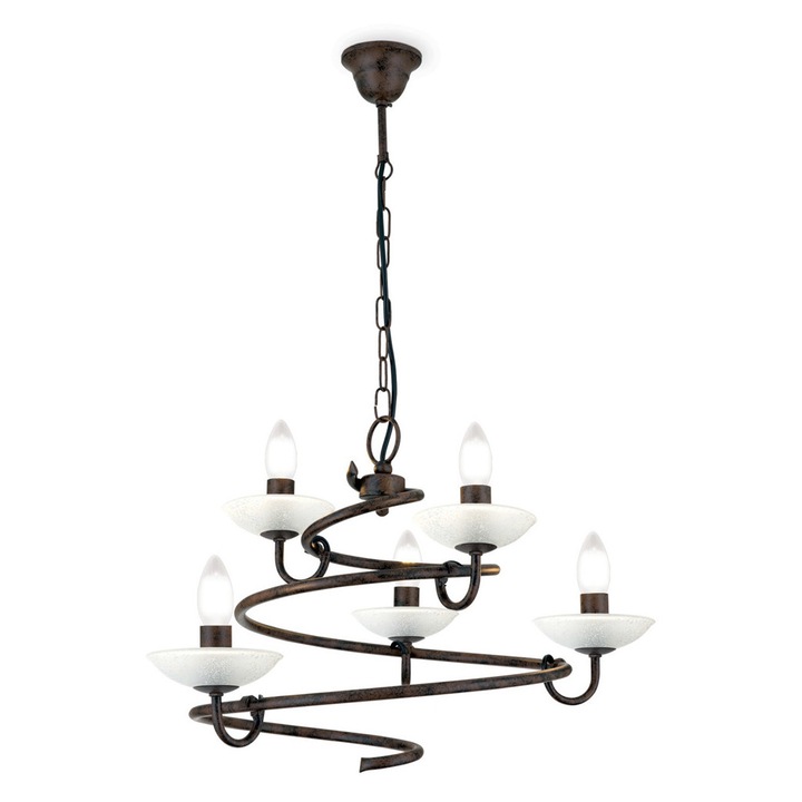 Candelabru Florentin Vera cu 5 brate, finisat brun antichizat LU 1552/5 ANTIK E14 5x40W, Cadru Metal cu Lant si Farfurii Sticla Diametru 55cm, inaltime 35cm, Suspensie 80cm ORION