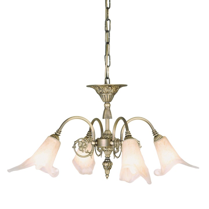 Candelabru din alama masiva patinata Tosca LU 1617/4 ALTPATINA E14 4x40W Brate Alama si Abajur Sticla Imitatie Bulb Crin Inaltime 30cm, Suspensie 60cm, Diametru 70cm ORION