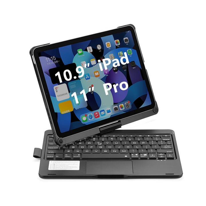 Husa cu tastatura pentru iPad Apple, NAXSIR, Compatibil cu Apple iPad Air 4, 10.9", iPad Pro 11", tastatura wireless iluminata in 7 culori, rotire 360°, ABS, USB-C, Negru