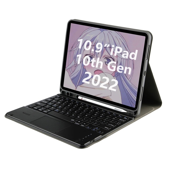 Husa cu tastatura pentru iPad Apple, NAXSIR, Compatibil cu Apple iPad 10th Gen 2022, 10.9", Negru