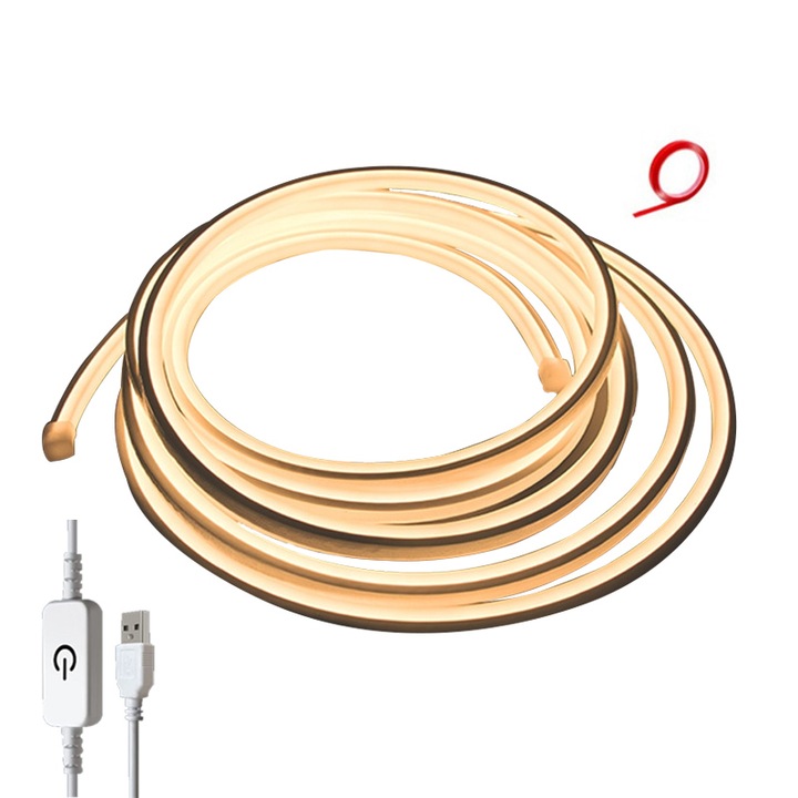 Neon LED szalag 3 m Rugalmas, VIELLAN, Érintős fényerőszabályzás, 120 LED méterenként, Szilikon, 5V, USB, 3000K meleg fény