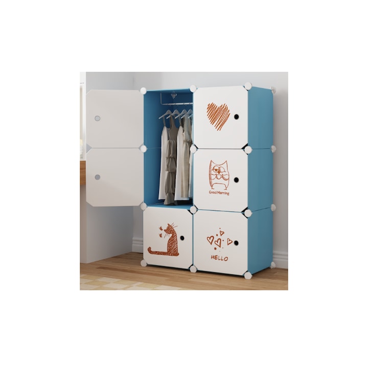 Dulap modular pentru copii, alb, AT PERFORMANCE®, 6 rafturi, durabil, 74X37X110 cm, pisica