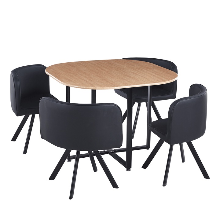 Set de mobilier dining, bucatarie, living, 1+4, stejar/negru, MDF, piele ecologica, metal, modern, 100x73 cm, Bortis