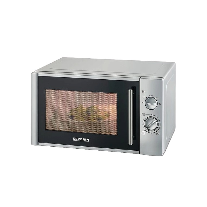 Cuptor cu microunde Severin, capacitate 28 litri, platou rotativ 31.5 cm, 5 trepte de putere, functie dezghetare, timer, semnal acustic, lumina interioara, carcasa otel inoxidabil, usor de curatat, argintiu