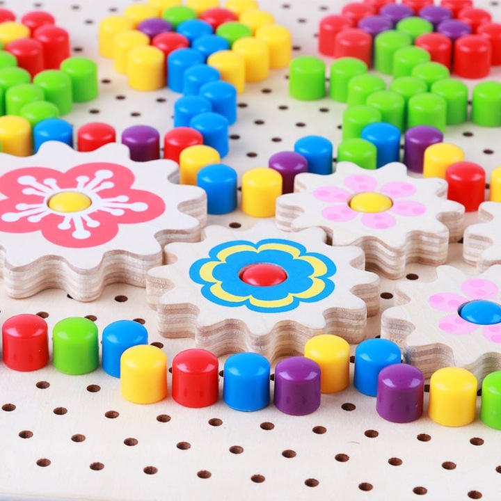 Joc Educativ si Distractiv din lemn, Mozaic Pixel cu Carticica modele, Multicolor, 257 piese, + 3 ani, Edujucarii