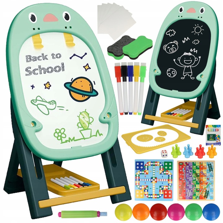 Tabla de desenat multifunctionala cu doua fete si 2 jocuri de societate incluse WePro Store, partea magnetica pentru cifre si litere si cea neagra pentru scris cu creta, compartiment special pentru creioane si markere, Verde, 3 ani +