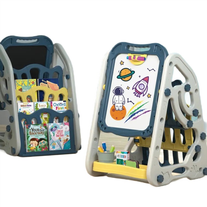 Tabla de desenat 3 in 1 cu doua fete si compartiment special de depozitare pentru carti WePro Store, partea magnetica pentru accesorii si cea neagra pentru scris cu creta, reglabila in inaltime, curatare usoara, 3 ani +