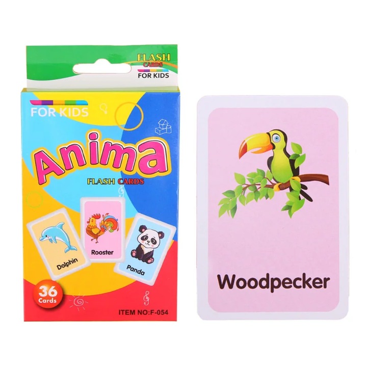 Set 36 de carduri cu 72 de imagini educative KERNOWSUN pentru invatarea cognitiva a copiilor, animale