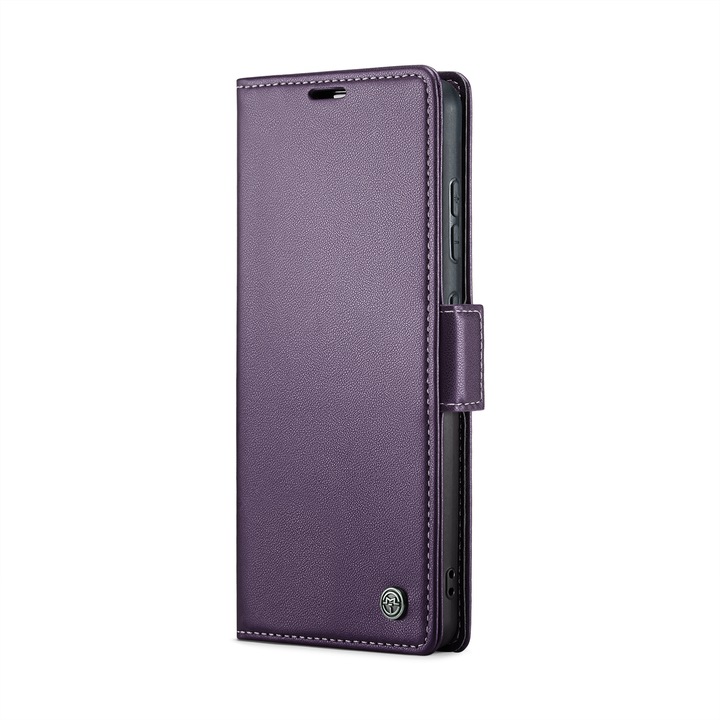 Калъф за Samsung Galaxy S24, CaseMe, slim кожен, тип портфейл, стойка, магнитно предпазно закопчване, мека текстура и захващане в ръката, RFID защита, лилаво