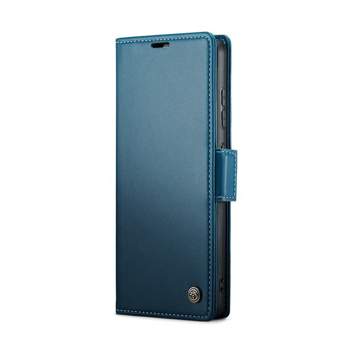 Калъф за Samsung Galaxy S24, CaseMe, slim кожен, тип портфейл, стойка, магнитно предпазно закопчване, мека текстура и захващане в ръката, RFID защита, Син