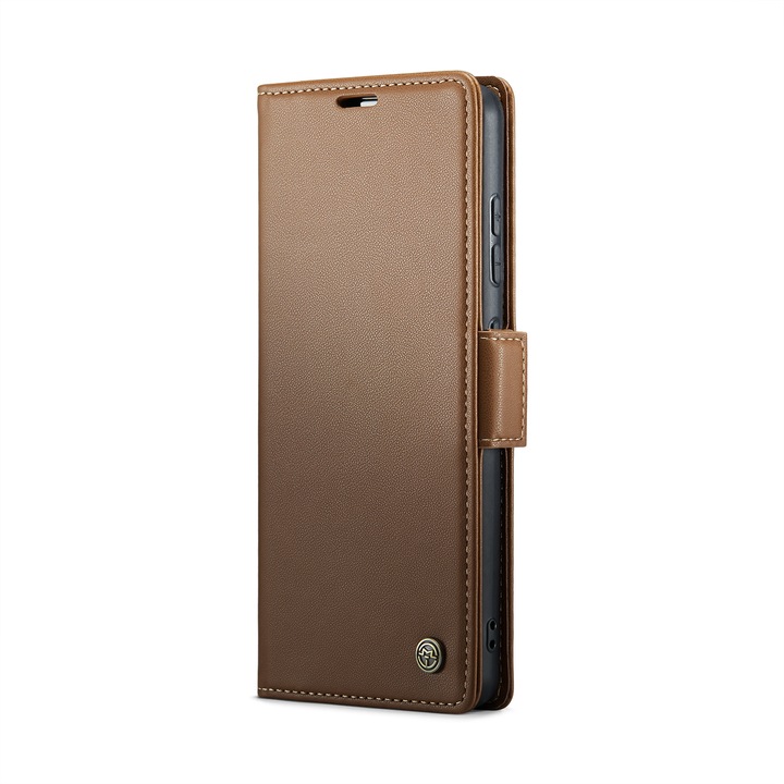 Калъф за Samsung Galaxy S24 Plus, CaseMe, slim кожен, тип портфейл, стойка, магнитно предпазно закопчване, мека текстура и захващане в ръката, RFID защита, кафяво