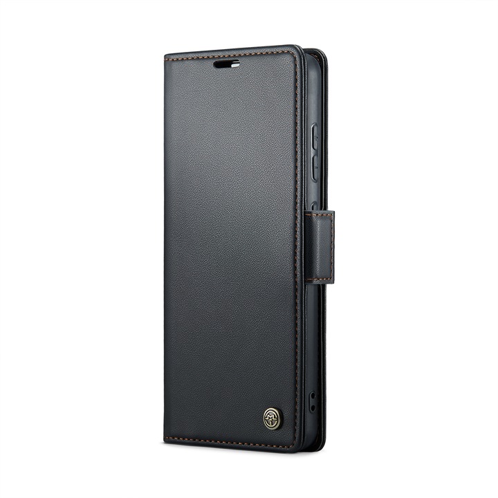 Калъф за Samsung Galaxy S24 Plus, CaseMe, slim кожен, тип портфейл, стойка, магнитно предпазно закопчване, мека текстура и захващане в ръката, RFID защита, черен