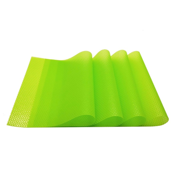 Szett 4 db csúszásmentes szőnyeg a hűtőszekrény polcainak vagy fiókjainak védelmére, Asztali alátétek, Vízálló anyag, Mérete 45x29 cm, Zöld, Luxer