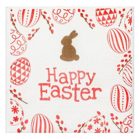 Set 25 servetele de masa Shopiens® cu 2 straturi, model de Paste oua rosii, iepure si mesaj Happy Easter, 40 x 40 cm