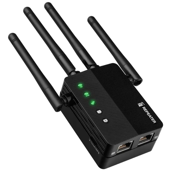 Усилвател на сигнал Wireless Linomag, Range Extender на WiFi мрежа, 4 антени, 2.4 & 5GHz двулентова мрежа, Trasnfer до 1200Mbps, 2 x LAN порт, Черен