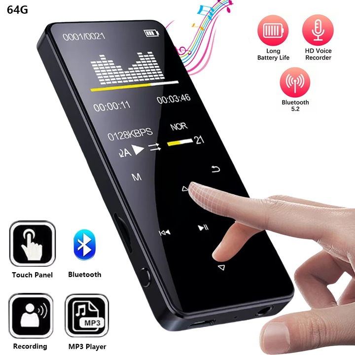 MP3 lejátszó, MOSMAOO®, 1, 8 hüvelykes kijelző, 64 G 128 G-ig támogat, HIFI 6D sztereó hang, bluetooth 5.0, FM rádió, e-könyv olvasás, fekete