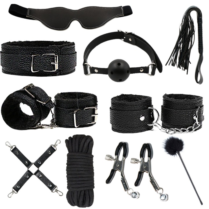 Set 10 Jucarii Erotice pentru adulti, TopGearWorld®, Catuse, Mansete pentru glezne, Legatura la ochi Guler, Ball gag, Conector cu banda incrucisata, Cleme, Flogger din piele, Baton de pene, Franghie, Negru