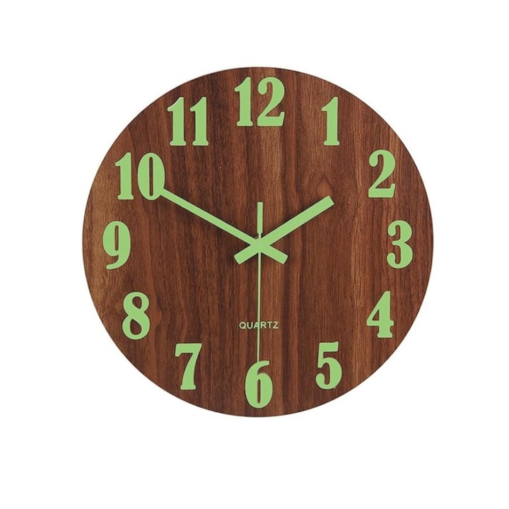 Луминисцентен дървен стенен часовник с нощна светлина, безшумен и без тиктакане, стенен часовник, 30 см, кафяв