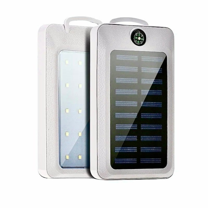 Solar Power Bank, 16800 mAh, Gyorstöltés, LED-Es Zseblámpával, Iránytűvel, Micro USB és USB Beépített, Töltésjelzővel, Univerzális Kompatibilitás, Fehér, Madette Line