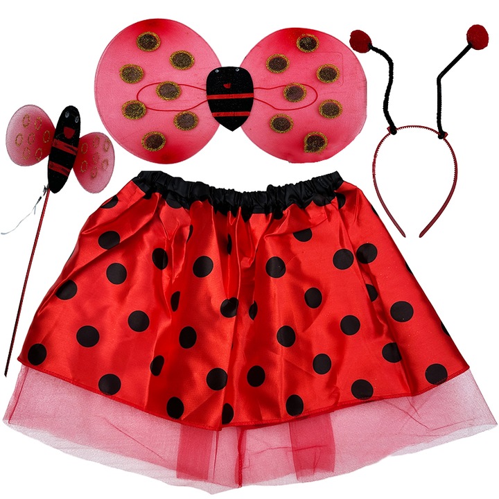 Set Costum Albinuta pentru Fetite, cu Fustita, Aripioare, Coronita si Bagheta, din Tull si Aplicatii stralucitoare, 3-5 ani, Rosu AK4541
