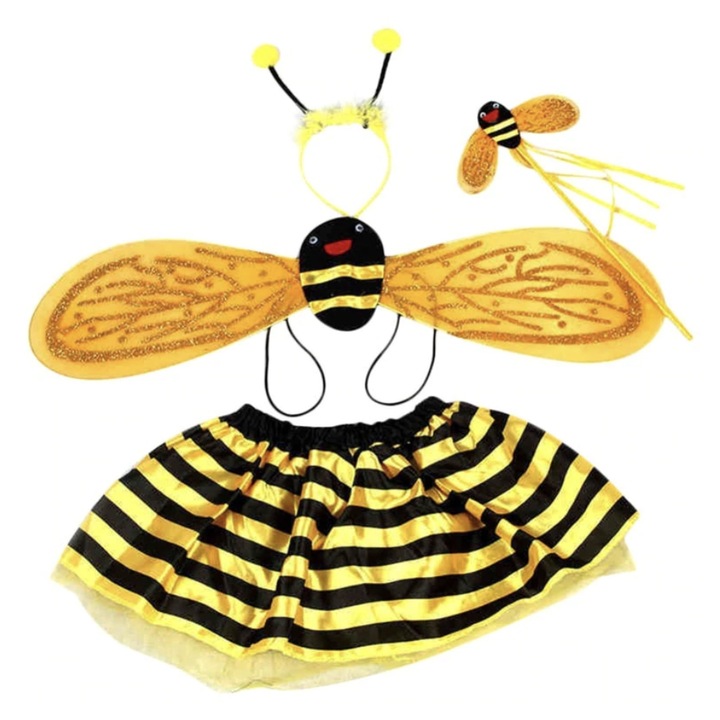 Set Costum Albinuta pentru Fetite, cu Fustita, Aripioare, Coronita si Bagheta, din Tull si Aplicatii stralucitoare, 3-5 ani, Galben AK4539