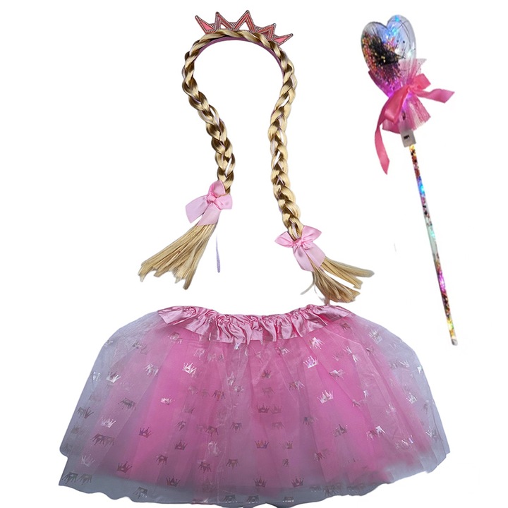 Set Costum pentru Fetite cu Fustita, Coronita, Bagheta si Codita, din Tull si Aplicatii stralucitoare, 3-5 ani, AK4549