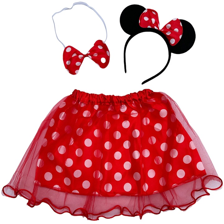 Set Costum Minnie Mouse pentru Fetite, cu Fustita Coronita si Papion, din Tull si Aplicatii stralucitoare, 3-5 ani, Rosu AK4543